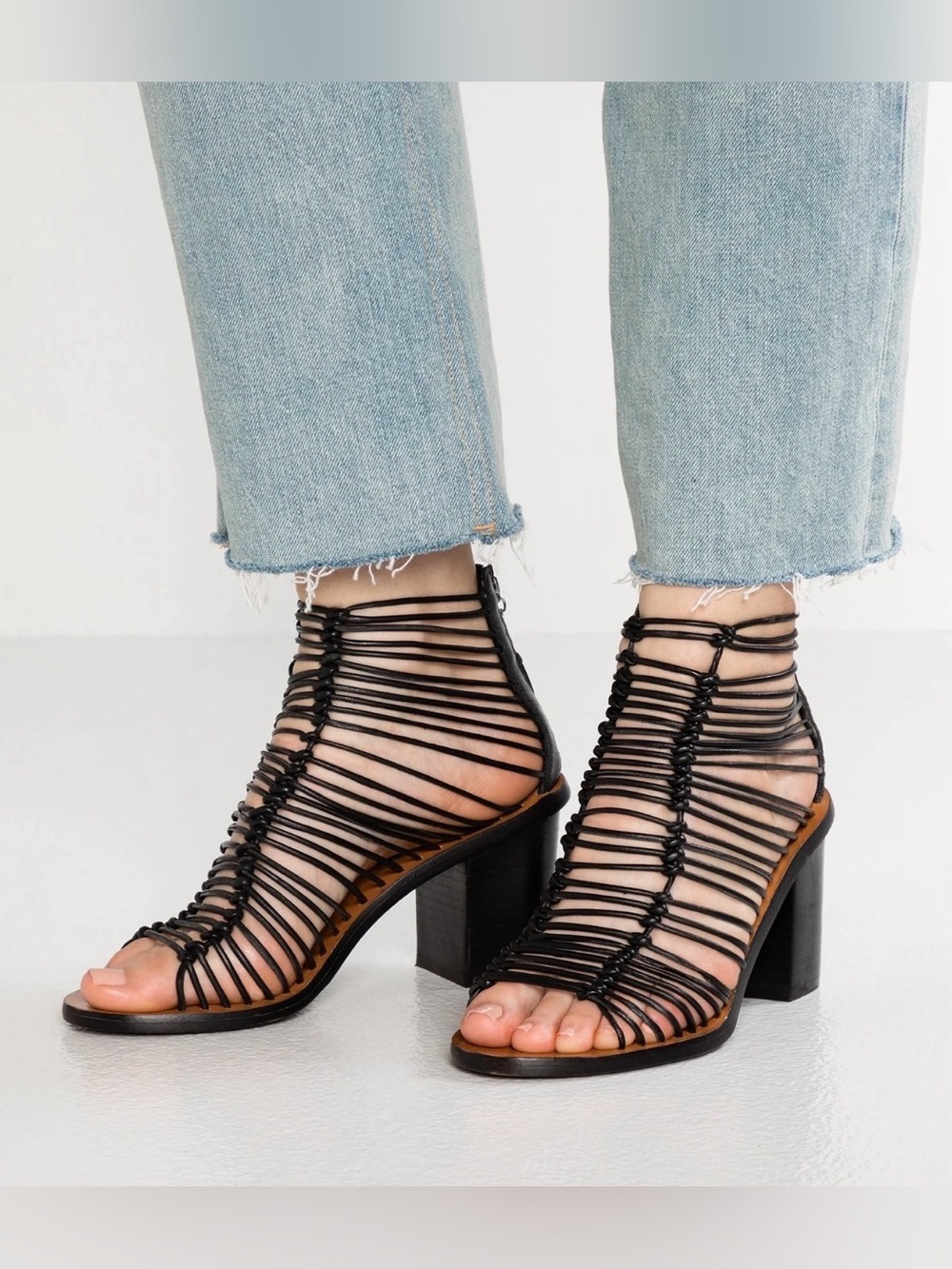 Topshop Narly Knotted Bootie Sandal Black Cage Block Heel Sz 38